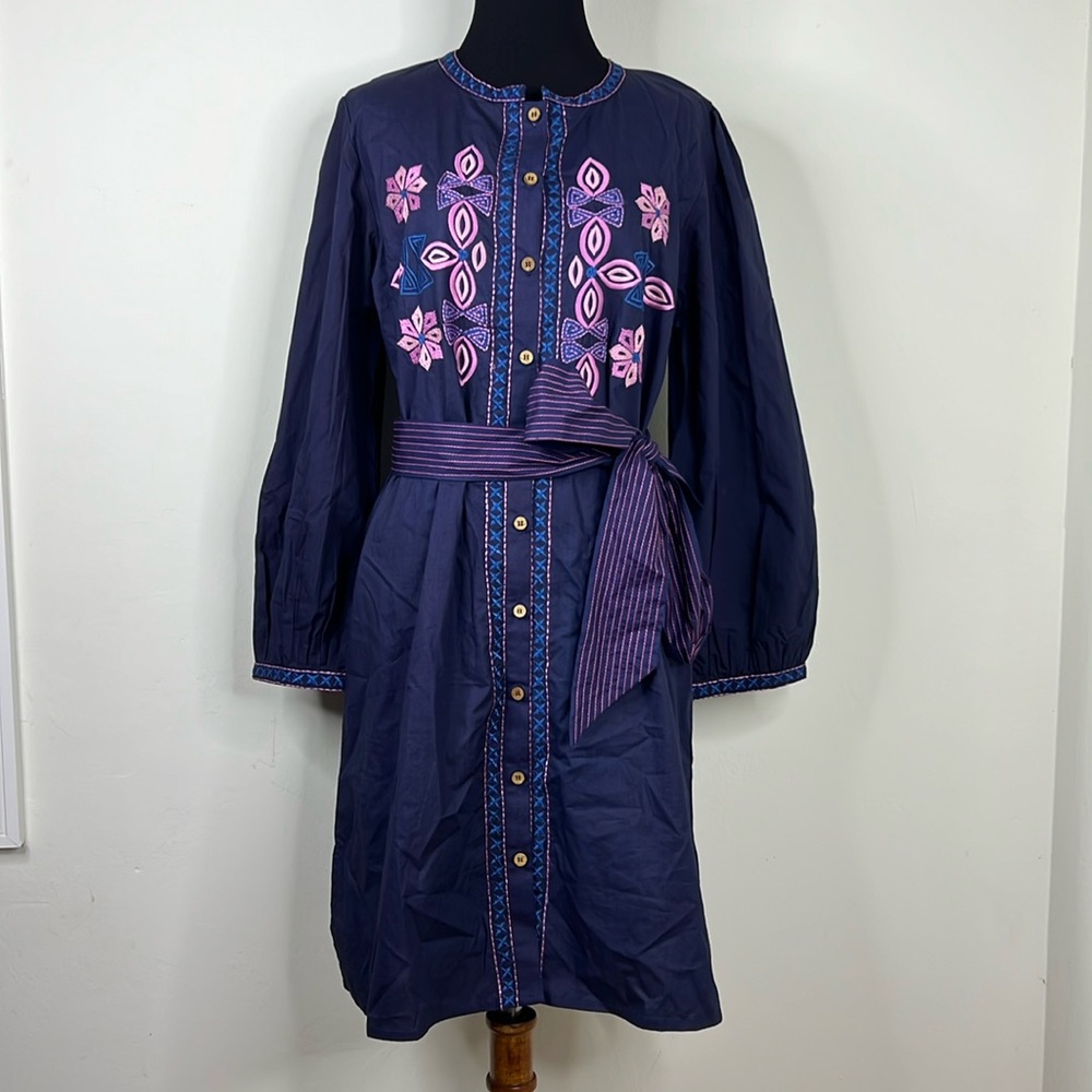 BELLA TU Navy Embroidered Longsleeve Dress XS